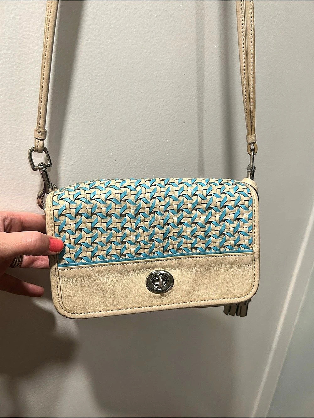 Coach 23705 Woven Leather Mini Crossbody | Turquoise Cream
